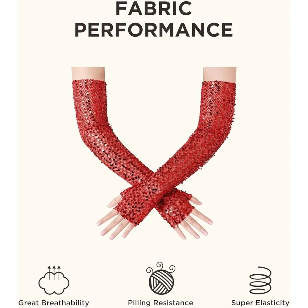 Women's Red Fingerless Glitter Sequin Sparkling Elbow Length Long Gloves